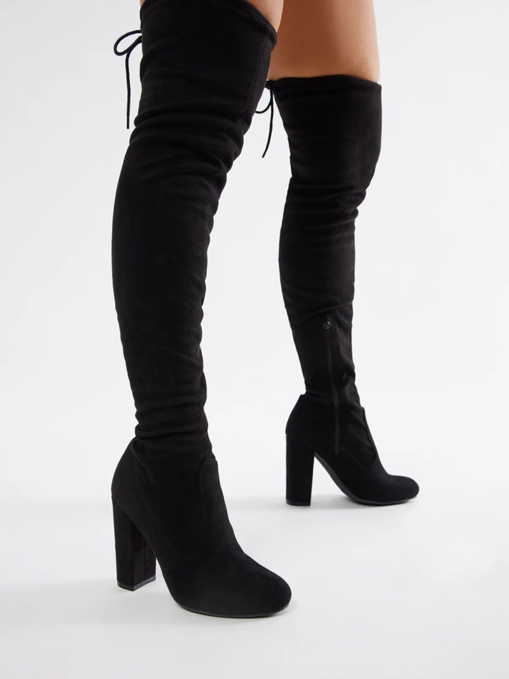Black Over-the-Knee Thigh High Heel Tie Boots